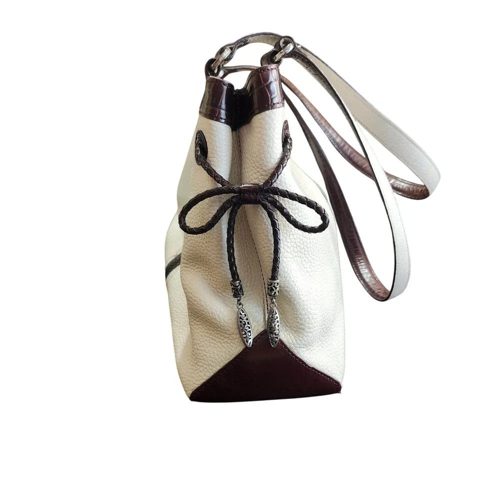 Brighton Shoulder Bag Hand Bag Medium White Brown Leather Heart Shapes Details